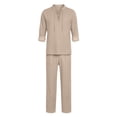 thumbnail image 4 of Maqroz Mens Two Piece Outfits Long Sleeve V Neck Lace Up Shirts Drawstring Beach Pants Casual Summer Vacation Wear Linen Textured Matching Sets Bohemian Trendy Streetwear, 4 of 5