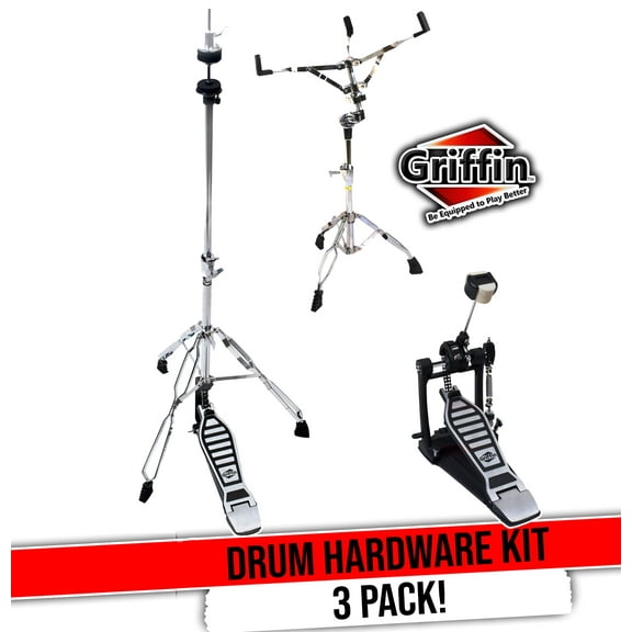Hi-Hat Stand, Kick Drum Pedal & Snare Stand Hardware Kit (3-Piece Kit) by GRIFFIN | Deluxe Full-Size Percussion Chrome Set with Double-Braced Legs | Lightweight, Portable & Mobile for Live Gigs