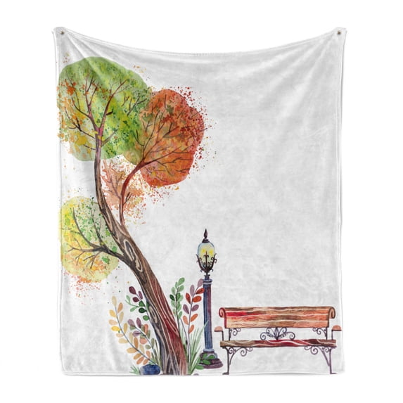 Forest Soft Flannel Fleece Blanket, Autumn Day in the Park with Fall Leaves and Trees Hand Drawn Style Vintage Picture, Cozy Plush for Indoor and Outdoor Use, 50" x 70", Green Brown, by Ambesonne
