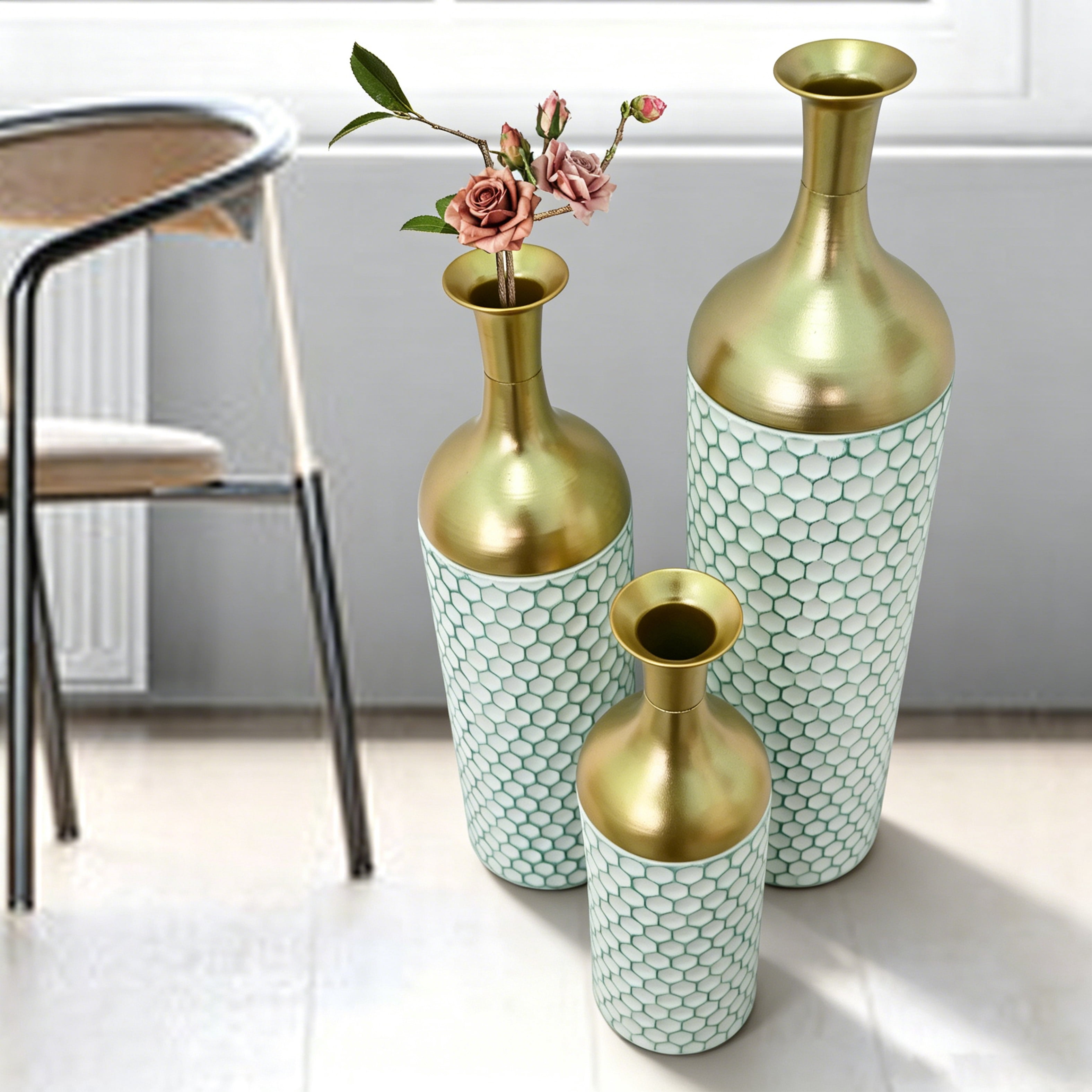 Metal Floor Vases Set of 3 with Leaf Pattern, Tall Decorative Vases and Home Decor Accents for Living Room Entryway, White and Gold