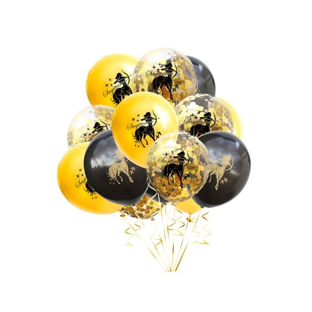 FELTECHELECTR 15 globos decorativos de Sagitario con lentejuelas de la constelación, ideales para bodas y cumpleaños (5 unidades en negro, dorado y transparente).