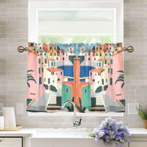 Yayeee Kitchen Curtains Light Filtering 27"x24" Rod Pocket Short Cafe Window Panel, Art City