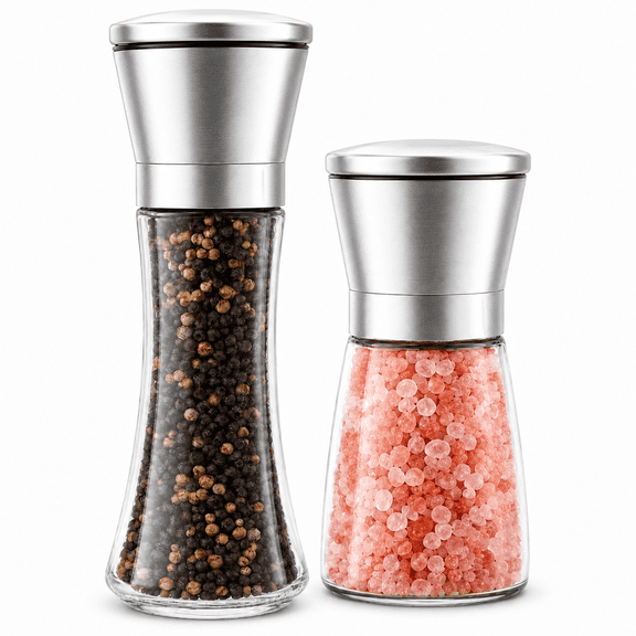 Salt and Pepper Grinder 2pcs Black Pepper Mill Refillable Manual Stainless Steel Lid Adjustable Coarseness Glass Material Fits in Home Kitchen Barbecue