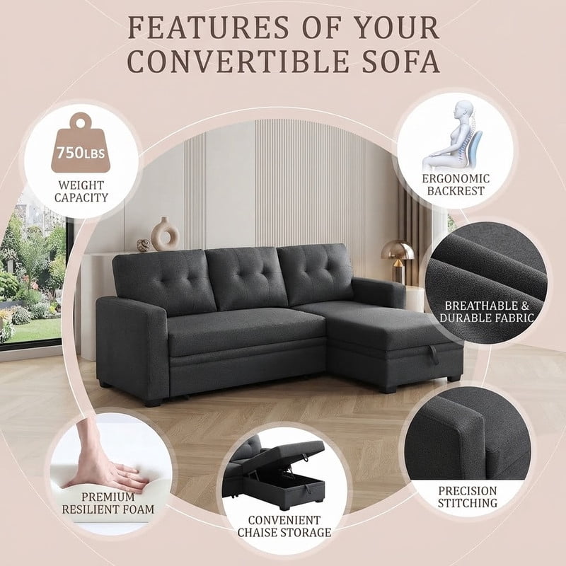 82" L-Shaped Convertible Sleeper Sectional Sofa with Pull-Out Bed, Storage Chaise, Removable Back Cushions, Modular Corner Couch for Living Room, Apartment, Home Office