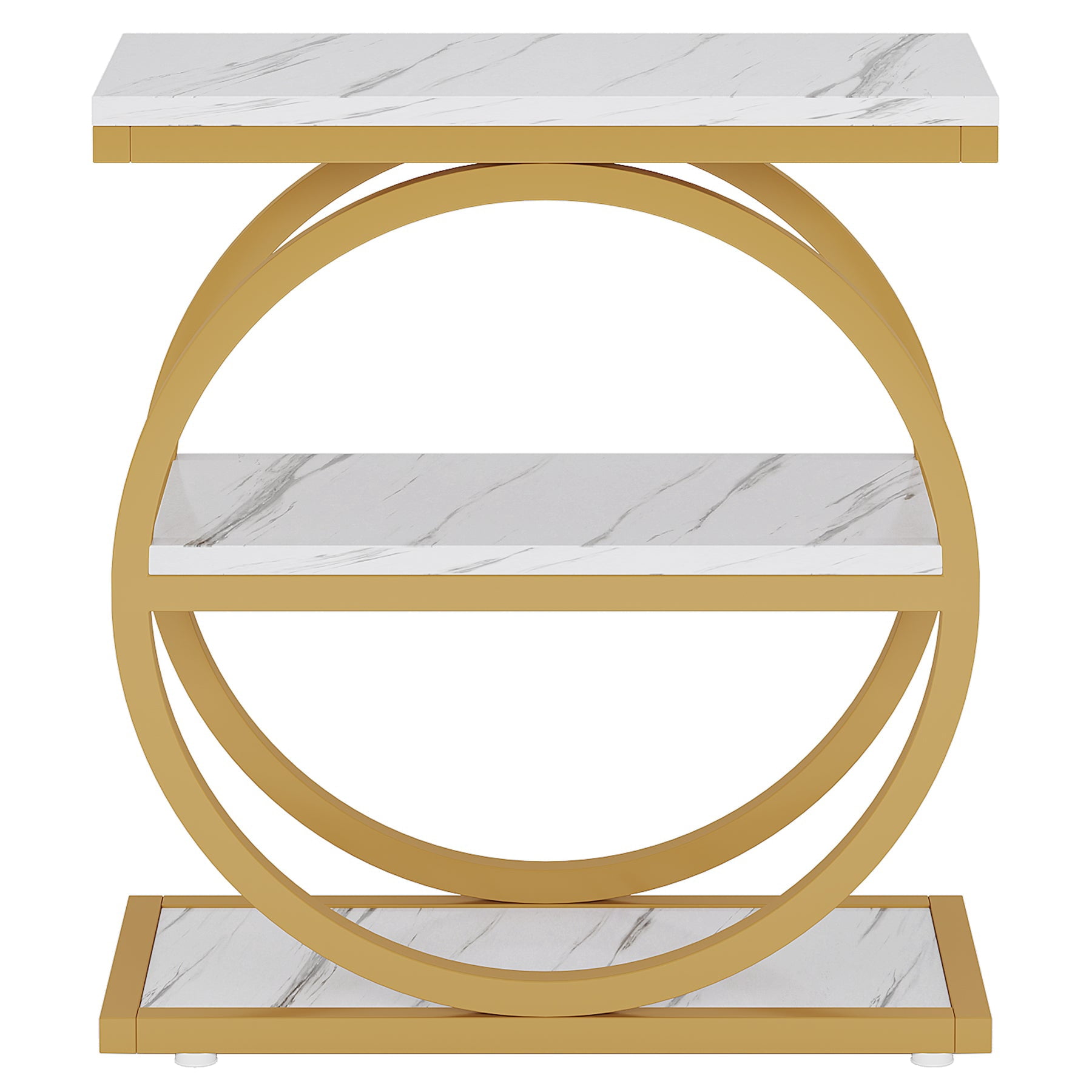 Fnova Side Table with Circular Metal Frame, End Table with 3-Tier Shelves for Living Room, White Gold
