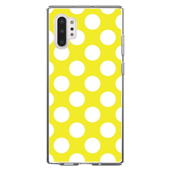 DistinctInk Clear Shockproof Hybrid Case for Galaxy Note 10 PLUS (6.8" Screen) - TPU Bumper, Acrylic Back, Tempered Glass Screen Protector - White & Yellow Polka Dots