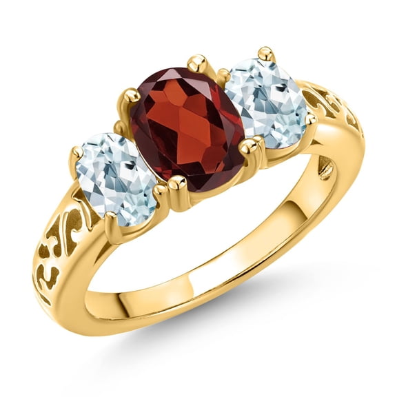Gem Stone King 18K Yellow Gold Plated Silver Red Garnet and Sky Blue Aquamarine Filigree Style 3 Stone Ring for Women (2.50 Cttw, Oval 8X6MM and 6X4MM, Size 8) (Size 8)