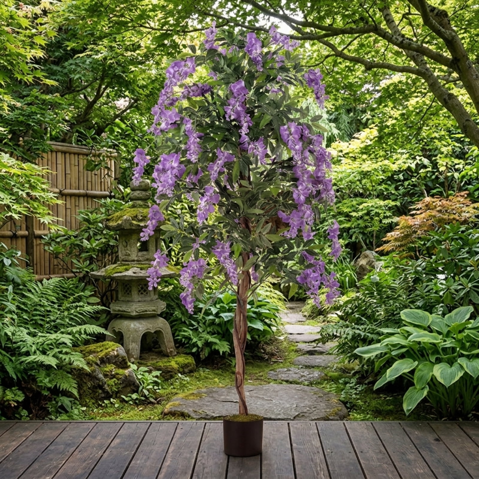 Vebreda Artificial Plant Decor, Set of 1/2 Fake Ficus Plant 6 FT Artificial Wisteria Tree with Natural Trunks and Purple Lifelike Flowers