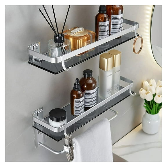 Glass Shelf for Bathroom 15.7 in Bathroom Shelves with Towel Bar Tempered Glass Shelves for Wall(2 Tier)