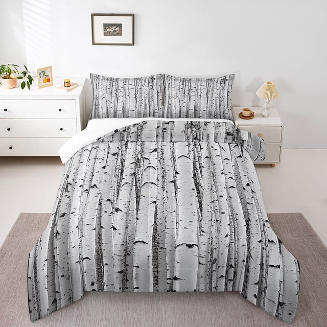 Birch Tree Bedding Set Gary Black Themed Queen Comforter Set,Natural Jungle Botancial Print Quilt Set,Abstract Trunk Pattern Down Comforter for Kids Boys Bedroom Decor