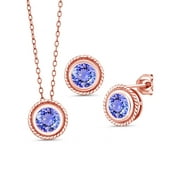 2.70 Ct Blue Tanzanite 18K Rose Gold Plated Silver Pendant Earrings Set With Chain