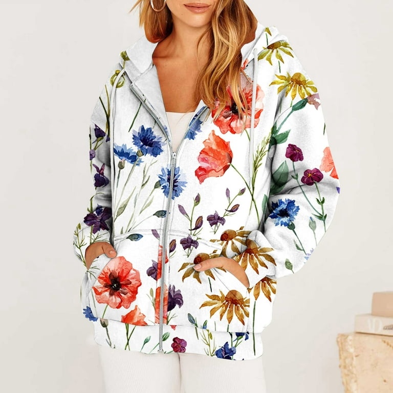 Women Oversized Full Zip up Hoodie Jackets with Pockets Floral Print  Graphic Zipper Hooded Sweatshirt Outwear S-3XL (3X-Large, Orange) 