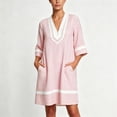 thumbnail image 5 of Women's Striped Dress V-Neck 3/4 Sleeve Colorblock Trim Dress Breathable Beach Resort Sundress Dresses for Women Pink M, 5 of 6