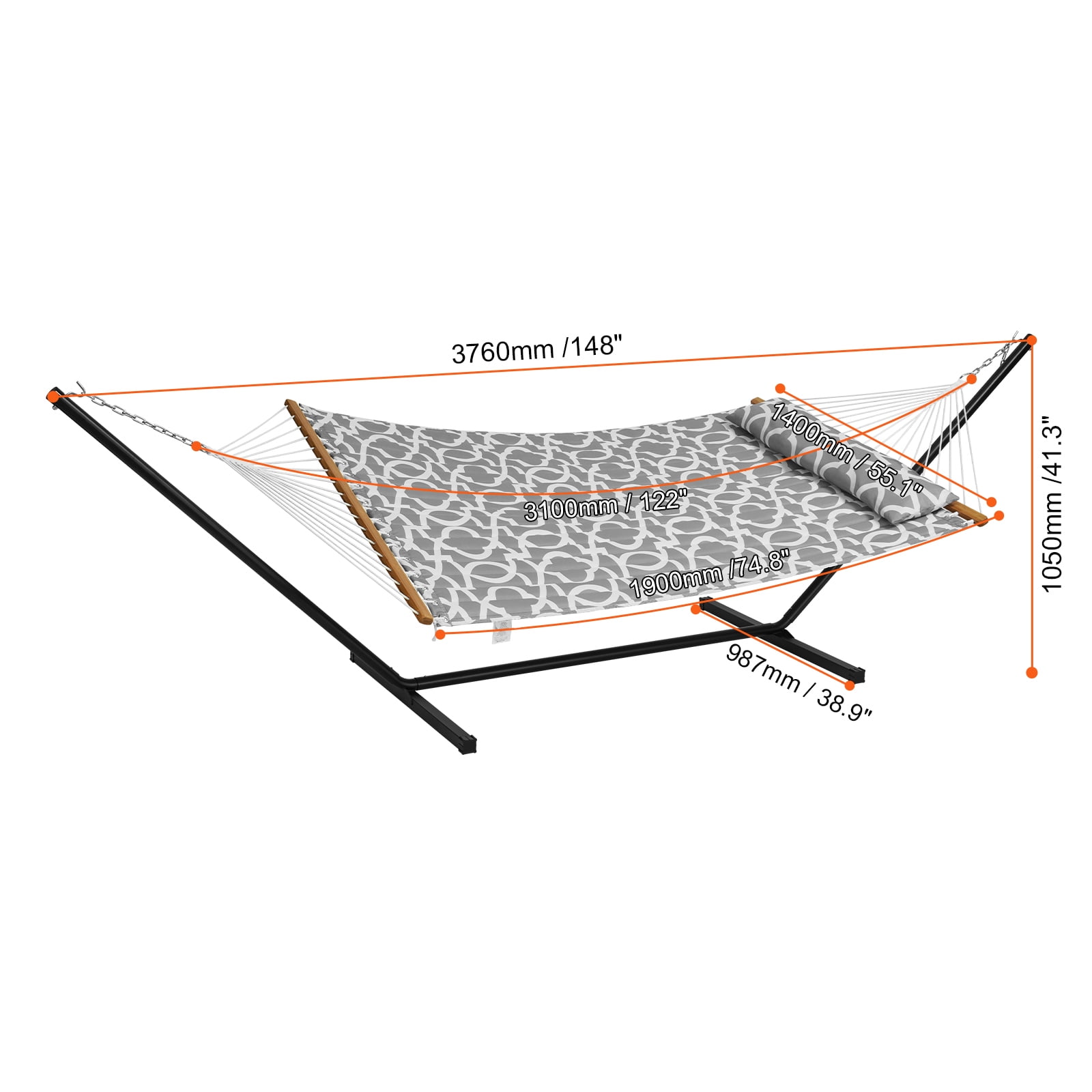 KFFKFF 480 lb Capacity Double Quilted Fabric Hammock Two-Person Hammock with Stand