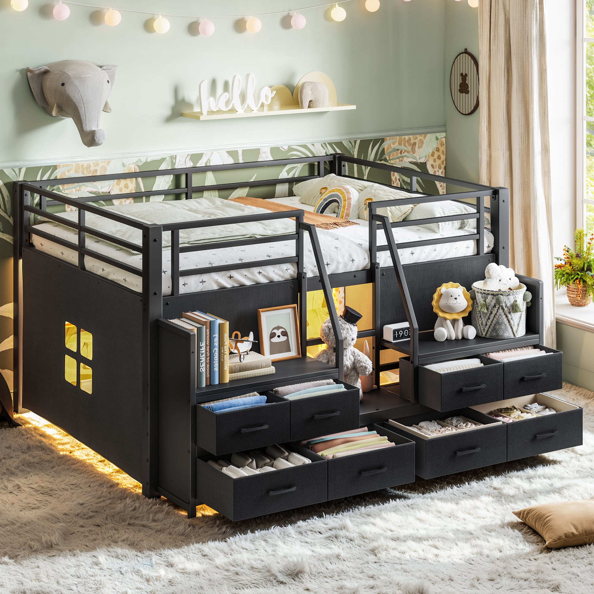 Leumius Full Size Loft Bed with Multi-storage Spaces,Metal Low Loft Bed with Storage Drawers, Shelves,LED Lights and Independent Spaces Under Bed,No Box Spring Needed,Black