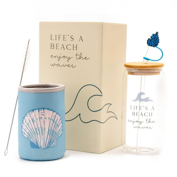 The Love Crate Co. Ocean Gifts for Women - Glass Tumbler with Lid and Straw, Customized Straw Stopper and Cup Sleeve, Aesthetic Unique Design Iced Coffee Gift Cup for Mom, Teacher, Friend