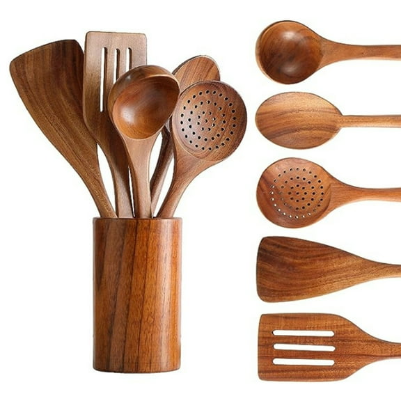 Opvise 6-Piece Solid Wood Cooking Utensil Set with Storage Bucket – Ergonomic Handles, Burr-Free Finish, Eco-Friendly Kitchen Tools for Stirring, Serving, Frying & Soup