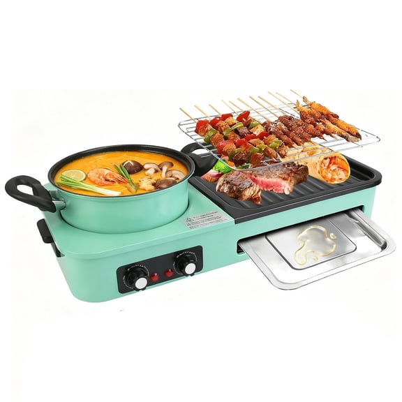 Electric Hot Pot with Grill, 3-in-1 Non-Stick Cooker & Griddle with Dual Temperature Control, Smokeless Indoor BBQ Grill for 2-5 People Korean BBQ Shabu