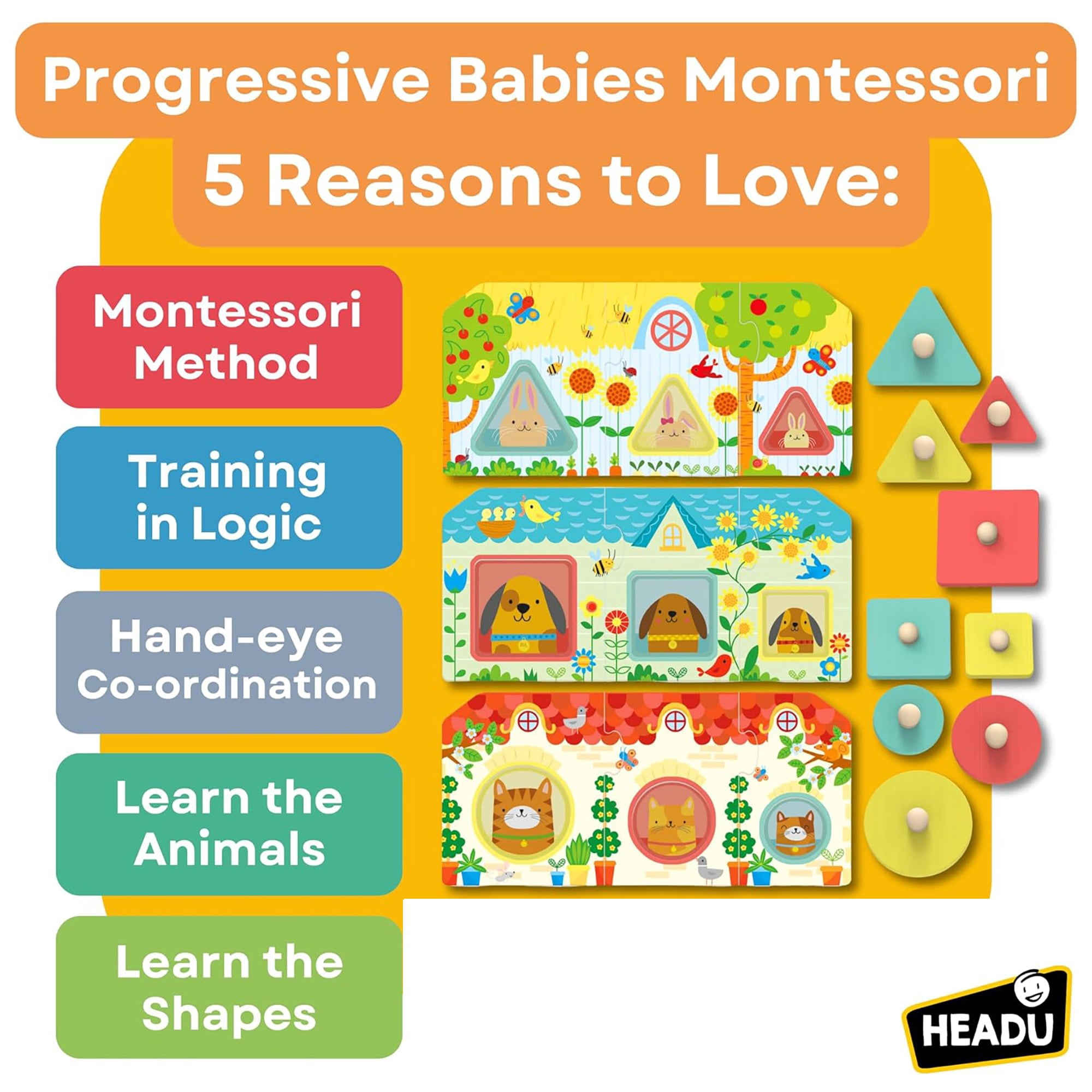 Headu: Progressive Babies Montessori - Wooden Shapes & Color Matching Game, Oversized Animal Scene Puzzle Tiles, Sight Recognition Play, Toddlers 2-4