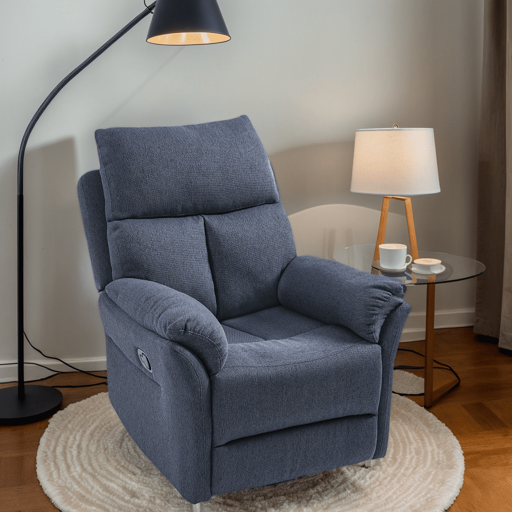 Gewnee 360° Swivel Glider Rocking Recliner Chair, Manual Adjustable Upholstered Fabric Recliner for Living Room and Home Theater, Blue Gray