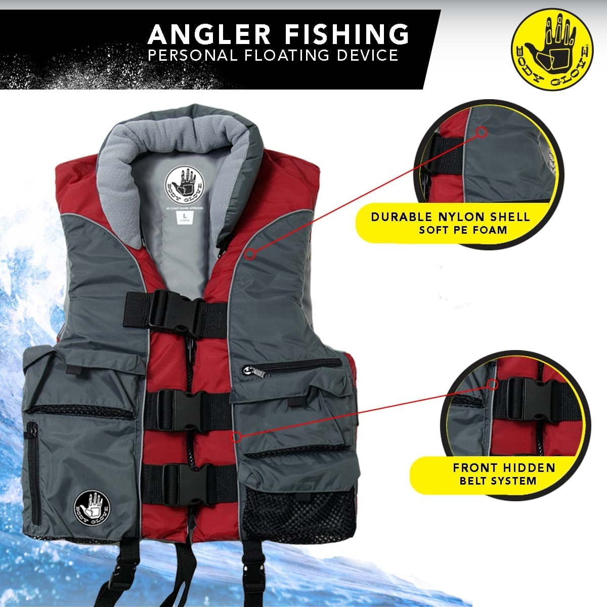 Body Glove Angler Unisex Adult Fishing PFD Life Jacket USCG Approved, Red
