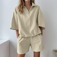 thumbnail image 2 of UPPADA Short Sets Women 2 Piece Outfits Zipper V Neck Short Sleeve Shirts and Shorts Sets Summer Going Out Sets Casual Pullover Tops Sets Beige,S, 2 of 6