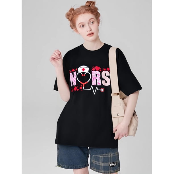 Nurse Valentines Day Hearts Love Women Valentines Day Nurse T-ShirtFather's Day, Mother's Day, New YCamisetas para mujer, lindas camisetas con estampado gráfico, de manga corta, estilo casual, para ve