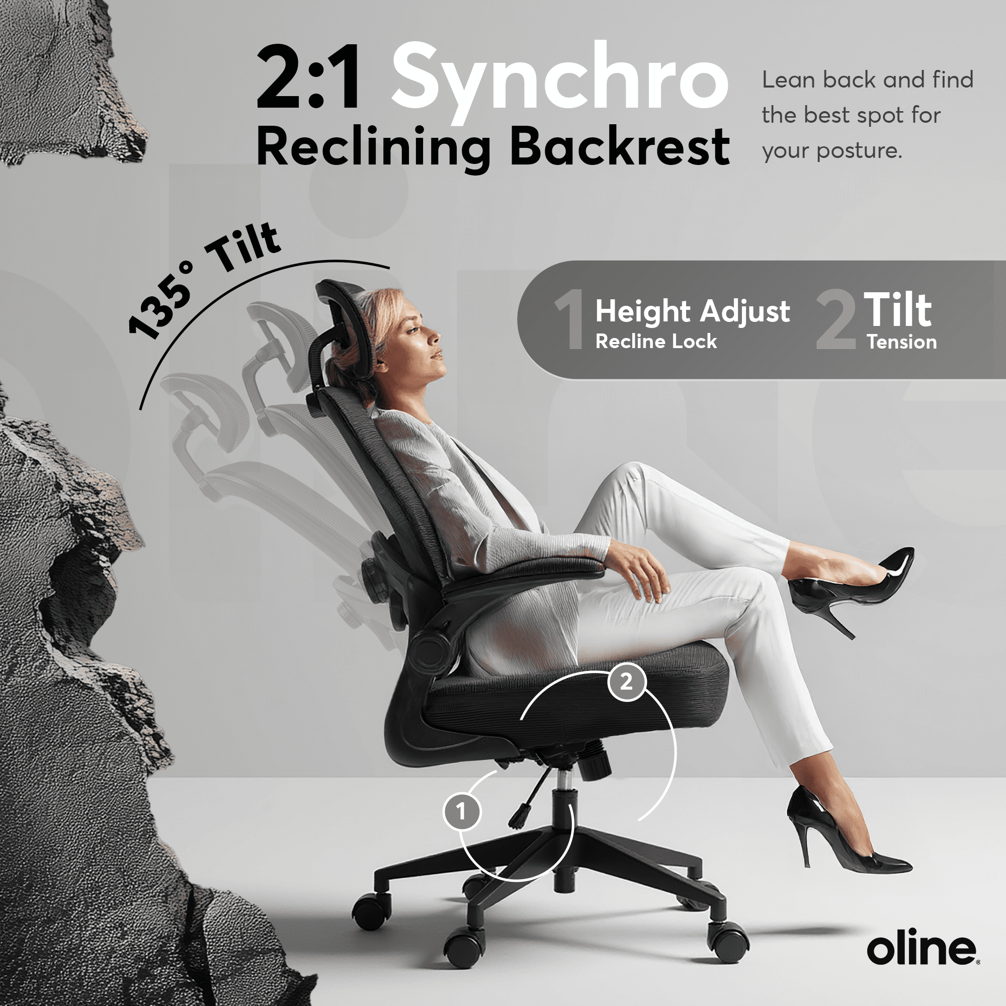 Oline ErgoAir Ergonomic Office Chair – Adjustable Lumbar Support, Flip-Up Armrests, Mesh Computer Desk Chair, Swivel Rolling Executive Gaming Chair for Home & Office (Black)