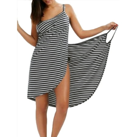 Style Wrap Dress In Black - Women Sexy Spaghetti Strap Beach Wrap Striped Dress Cami Sundress