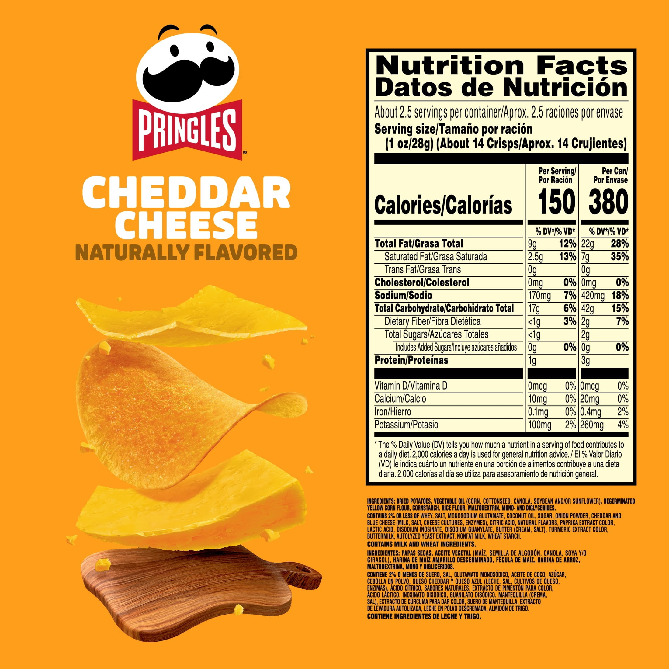 (4 pack) Pringles Potato Crisps Chips, Lunch Snacks, Office and Kids Snacks, Grab N' Go Pack, Cheddar Cheese, 2.5oz Can (1 Can)