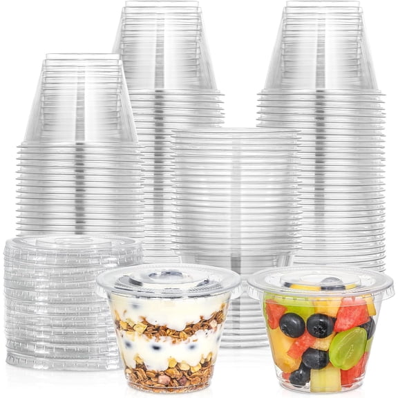 100 Sets, 9 oz Clear Plastic Cups With Flat Lids No Hole, Disposable Cups With Lids for Ice Cream, Pudding, Cake, Snacks Smoothie, Milkshake, Cold Drinks