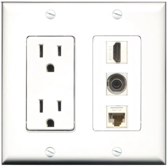 RiteAV - 15 Amp Power Outlet 1 Port HDMI 1 Port 3.5mm 1 Port Cat6 Ethernet Ethernet White Decorative Wall Plate