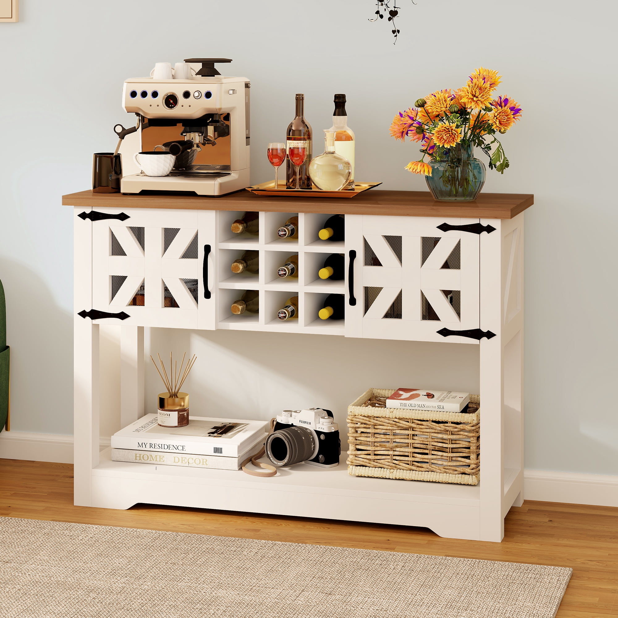 Uforic Farmhouse Buffet Table Kitchen Cabinet, Buffet Cabinet Sideboard Storage Cabinet, White