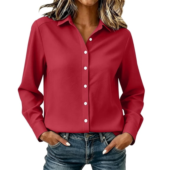 TEAJOPSUU Womens Button Down Shirts Chiffon Dress Shirts Long Sleeve Work Blouses Solid Turn Collared Tops Red