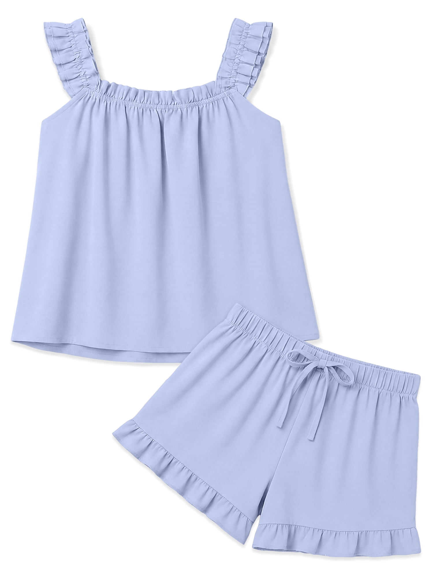 DAKIMOE Womens Pajamas Set 2 Piece Ruffle Pj Soft Tank Top and Shorts Sleepwear Lounge Sets for Women Set Sleeveless Bridal Pajama Sets for Christmas, S-2XL