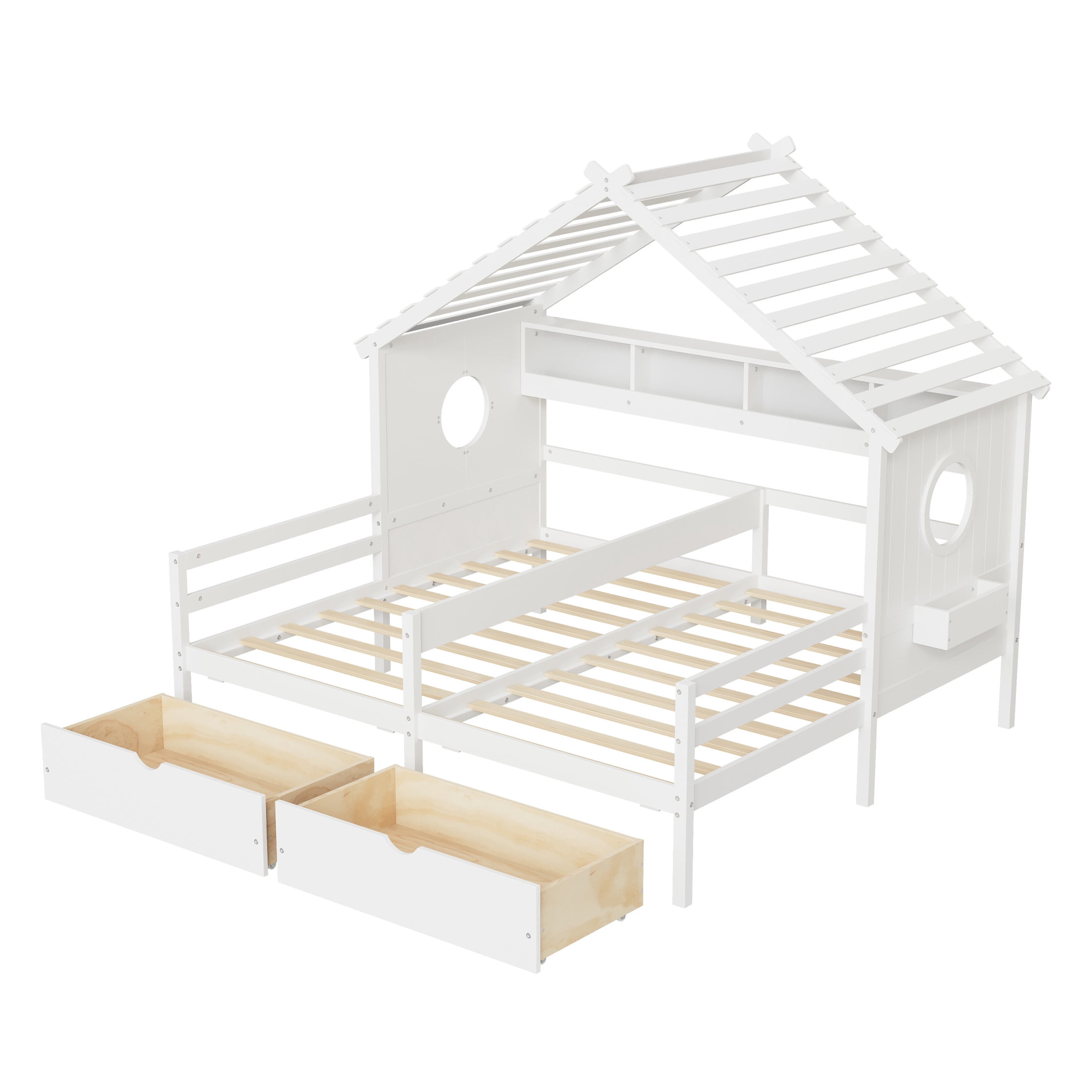 Noble House Twin Kids House Bed with Two Side-by-Side Beds, Bookcase and Under-Bed Drawers, White