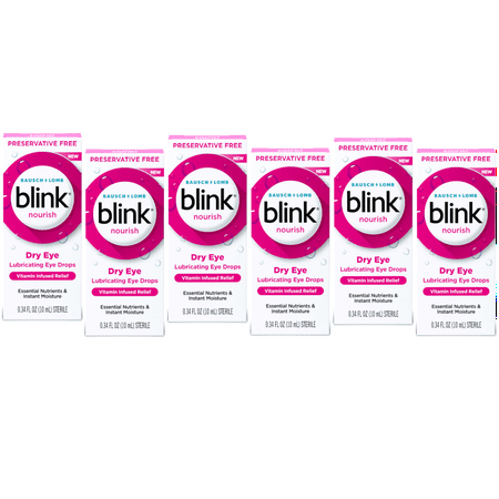 6 Pack - Blink Nourish Eye Drops for Dry Eyes, 0.33 fl oz, Preservative Free Lubricating Eye Drops with Hyaluronan, B12, & Vitamin C, pH Balanced to Match Healthy Tears