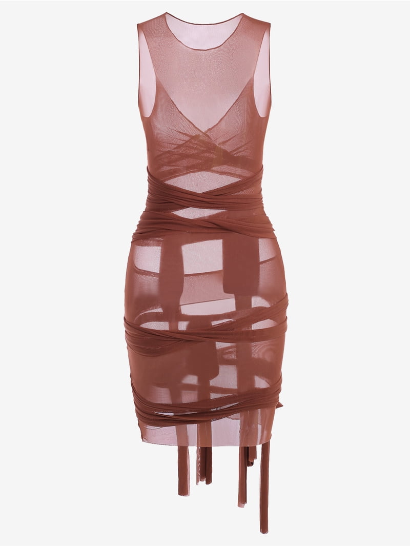 sheer mesh wrap-tie slinky bandage dress ZAFUL for Women Prom Dress or Cocktail Dress Evening Part Dress Sheer Mesh  Wrap-tie Slinky Bodycon Dress Coffee M
