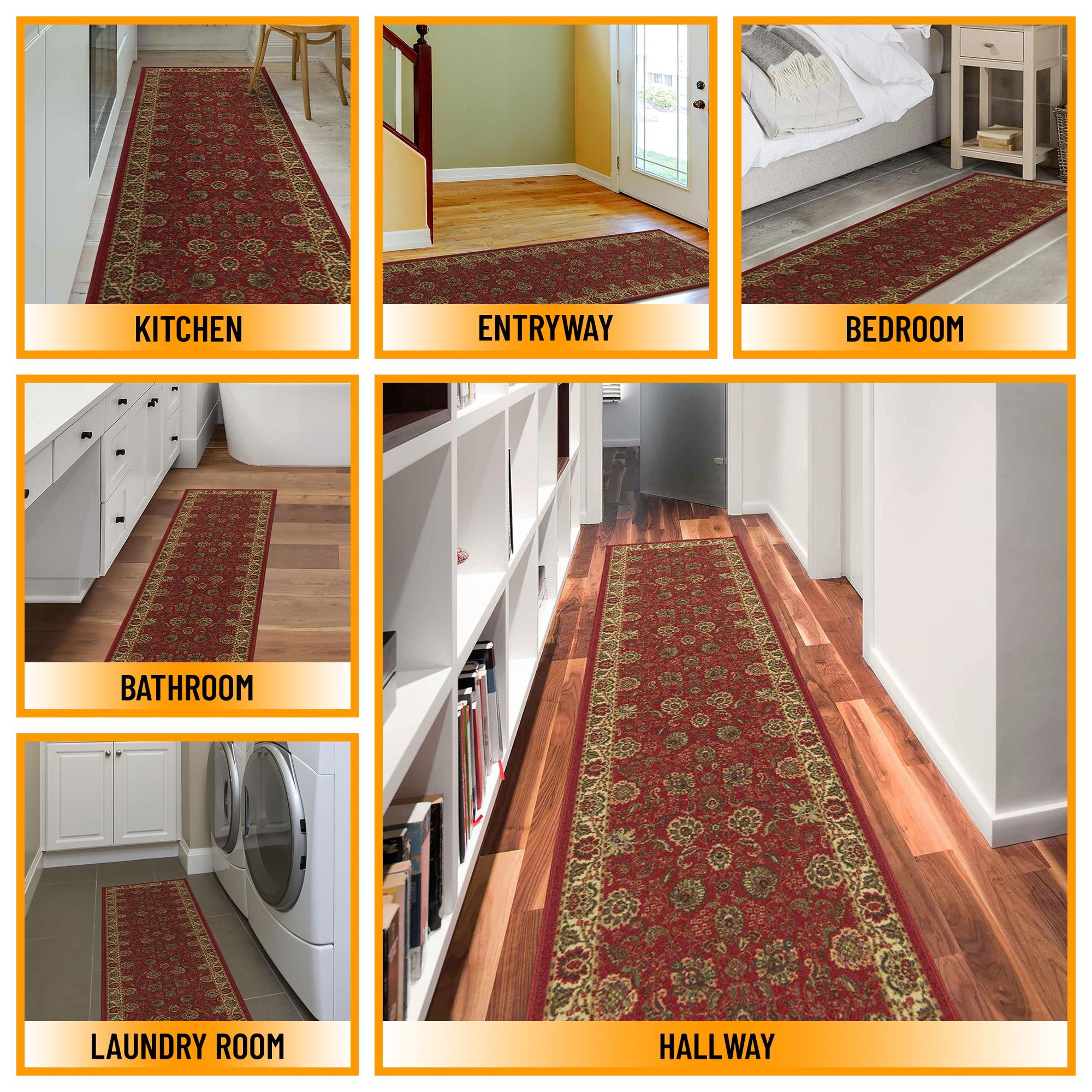 Ottomanson Floral Kitchen Runner Rug 1'10" x 6' - Non Slip Low Pile Carpet, Red