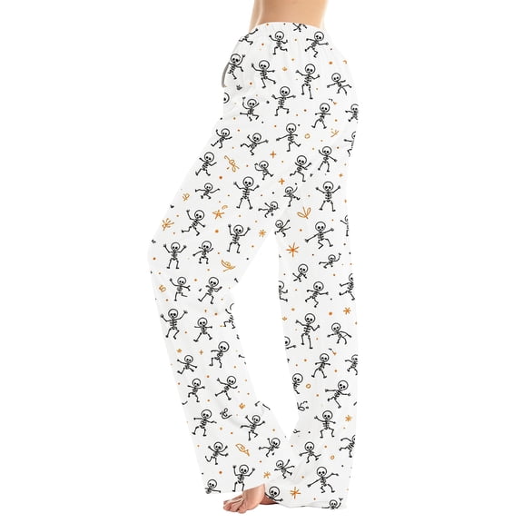 QWKLEAJ Halloween Pajama Pants Women Loose Wide Leg Lounge Pants Elastic Waist Sleepwear Holiday Party Bottoms Novelty Print Trousers Cozy Home Wear Fall Autumn Nightwear
