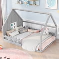 thumbnail image 2 of Aukfa Floor House Bed for Kids, Wood Full Bed with Fence, Gray, 2 of 8