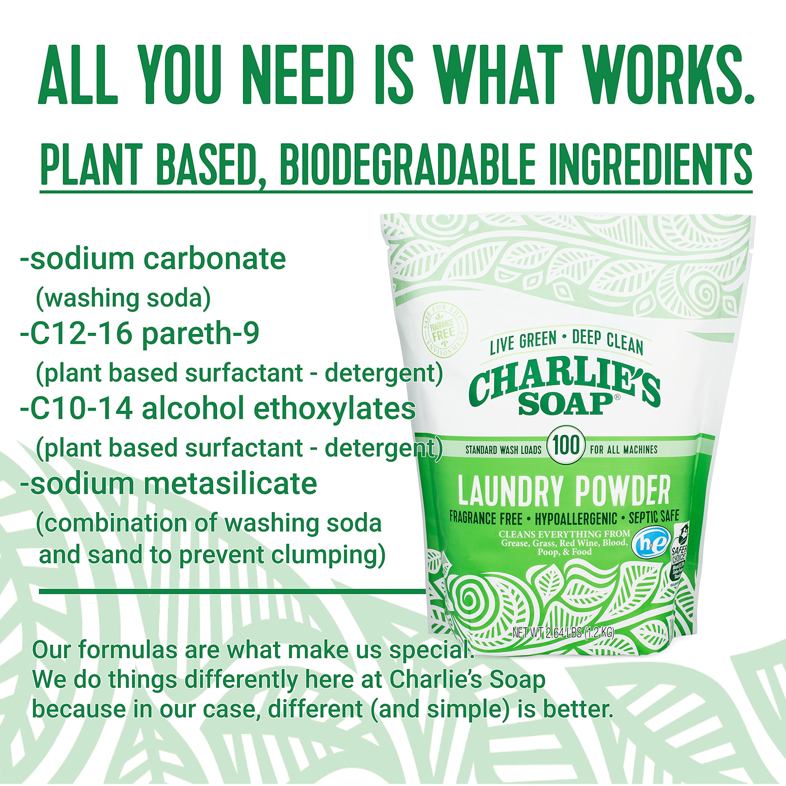 Charlies Soap Laundry Powder (100 Loads, 6 Pack) Hypoallergenic Deep Cleaning Washing Powder Detergent  Eco-Friendly, Safe, and Effective