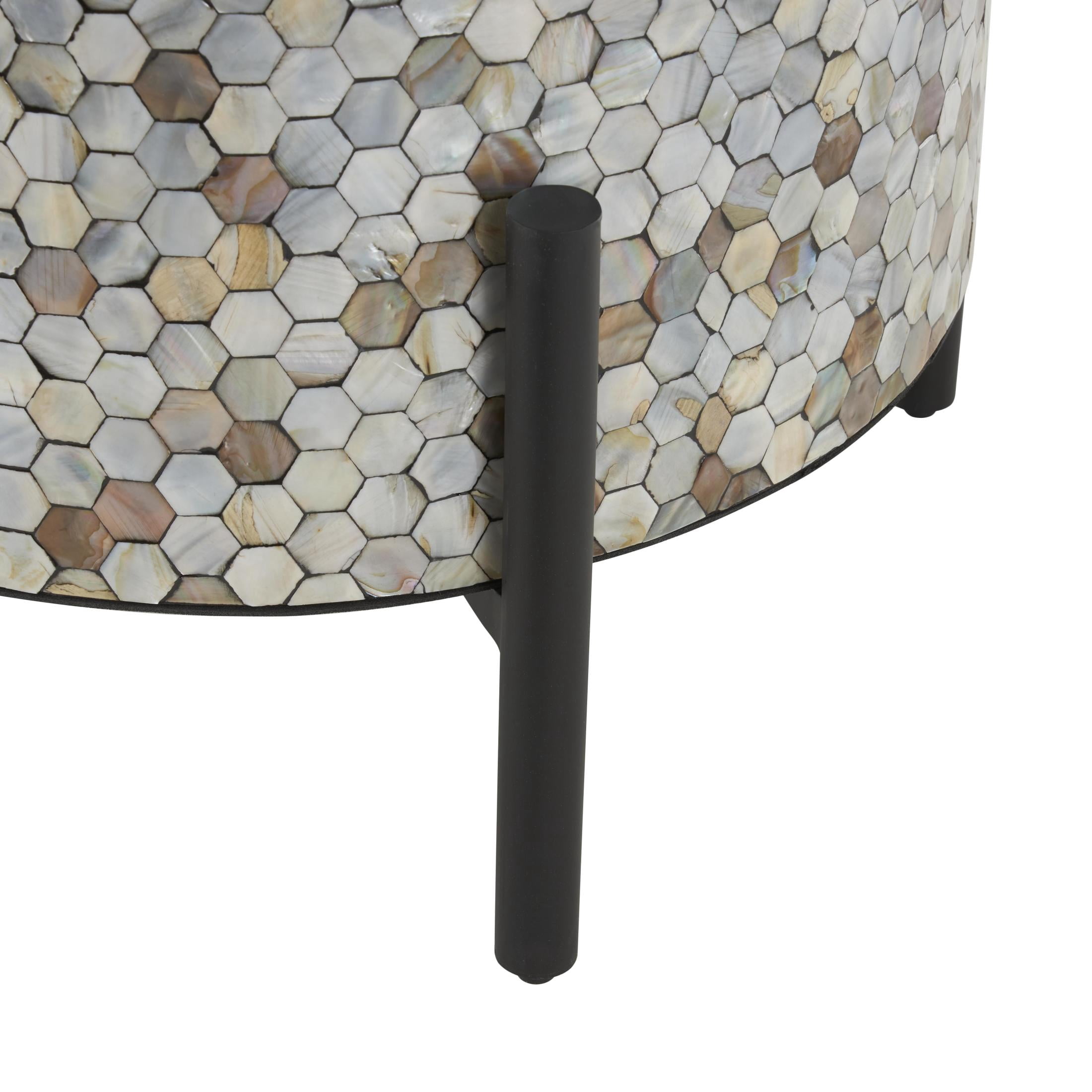 DecMode 18" x 22" Multi Colored Mother of Pearl Shell Handmade Hexagon Mosaic Inlay Abstract Accent Table with Black Metal Legs, 1-Piece