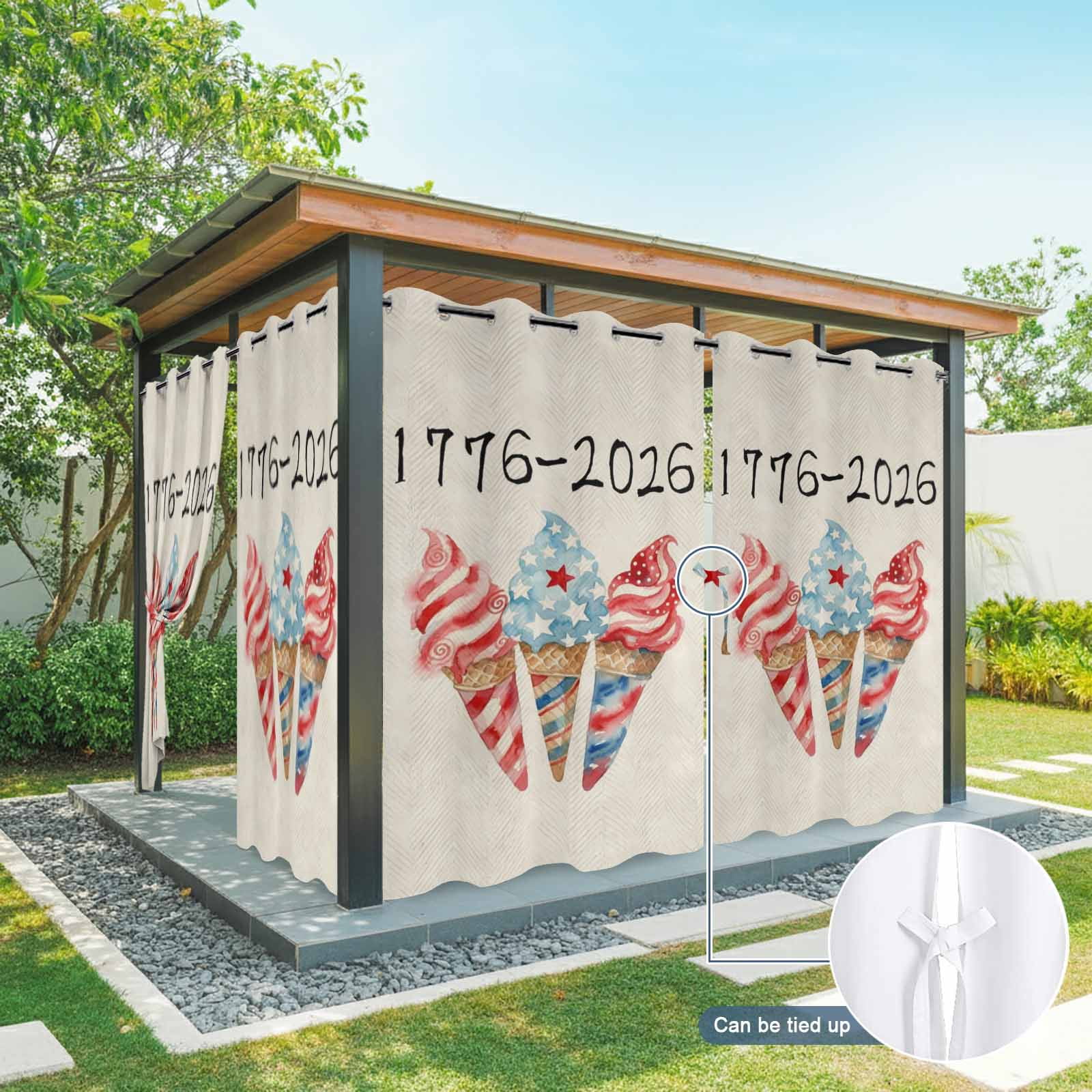 Independence Day Ice Cream Outdoor Curtains for Patio, 4th of July Patriotic Red Blue Star Ice Cream Sunshade Privacy Drapes Grommet Waterproof Outside Curtains for Porch Balcony 54"x108", 1 Panel