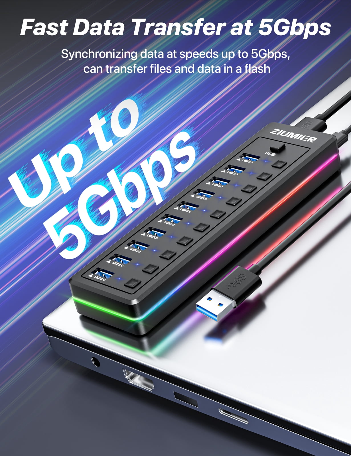 Powered USB Hub, 10-Port USB 3.0 Hub with RGB LED Strip -5Gbps Data Transfer,Individual LED On/Off Switches and 12V/2A Power Adapter for Laptop, PC, Mouse, Keyboard, Hard Drive or More USB Devices.