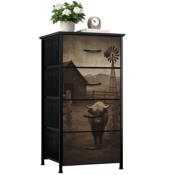 Rustic Farmhouse Dresser for Bedroom with 4 Storage Drawers Textured Wood Canvas Countryside Cow Farm Scene Dressers Chest of Drawers Steel Framed Fabric Closet Organizers for Dorm Entryway
