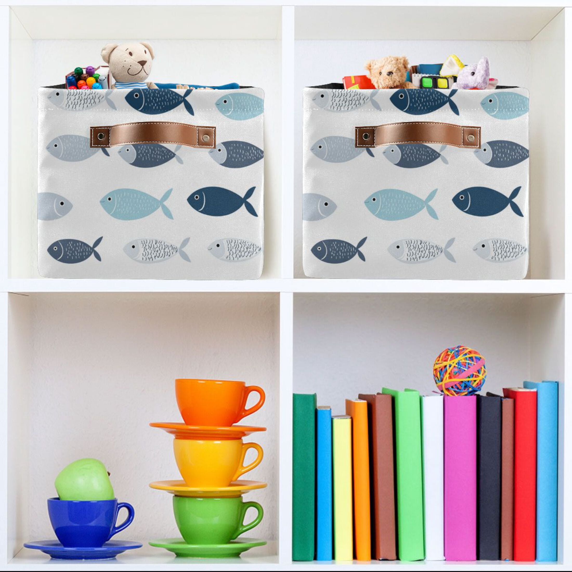 Simple and Cute Fish Foldable Storage Basket,Canvas Fabric Foldable Storage Bins with Handles Open Home Storage Bins Boxes for Toy Book Shelf Closet Baskets