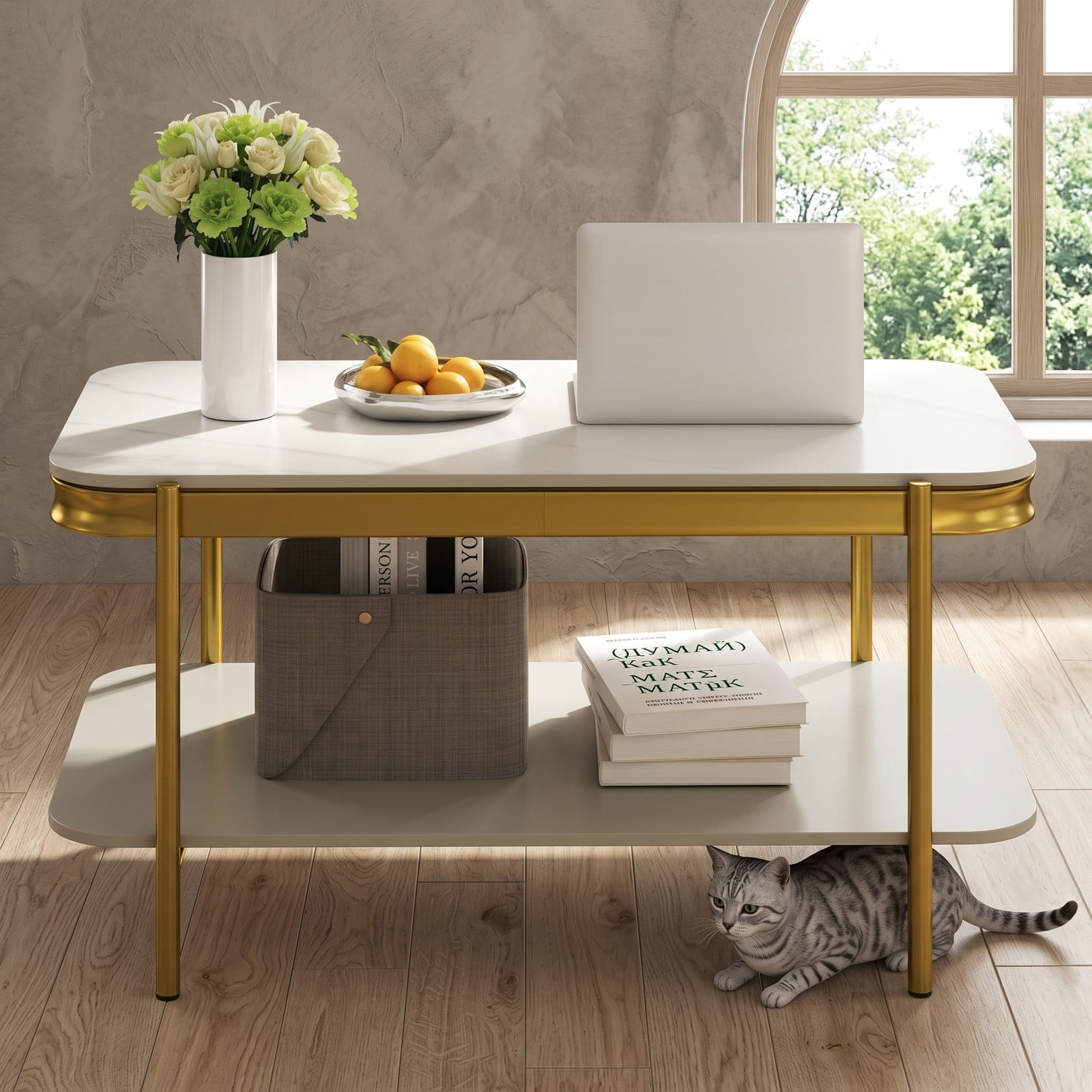 Furnibear 2-Tier Modern Rectangular Coffee Table with Sintered Stone Top, Living Room Center Table with Open Storage Shelf, Scratch-Resistant Waterproof Metal, White