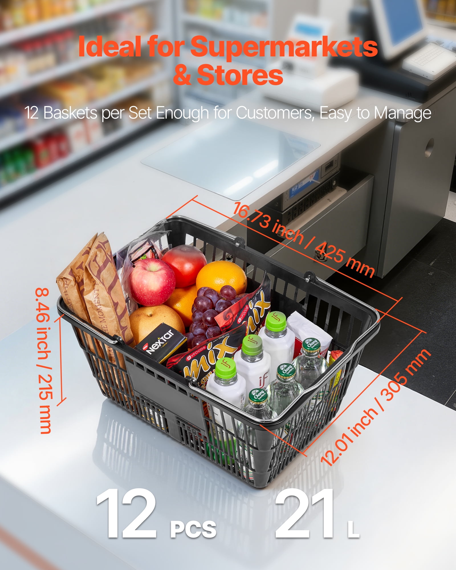 VEVOR Shopping Baskets, 12 PCS, 21L Stackable PE Plastic Grocery Baskets with Handles, Dense Mesh Structure, Holds up to 20 lbs, Portable for Grocery, Retail, Stores, Supermarket, Home Use, Black