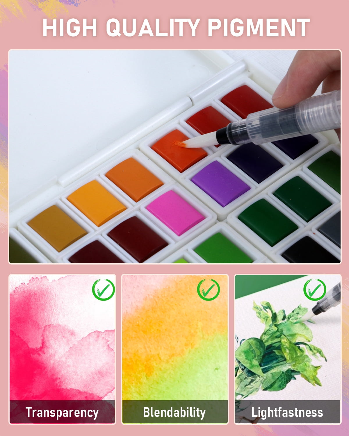 Nicpro 48 Colors Watercolor Paint Set with 8 Pcs Painting Brushes, 25 Sheet Water Color Paper, 2 Water Brush Pens, Palette, Sponge, Art Supplies Kit with Gift Box